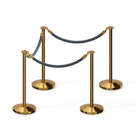 MONTOUR LINE Stanchion Post and Rope Kit Pol.Brass, 4 Flat Top 3 Gray Rope C-Kit-4-PB-FL-3-PVR-GY-PB